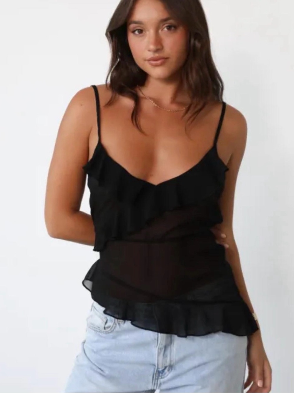 Charcoal Black Sheer Ruffle Cami Top | Adjustable Straps | Size 4 | NWT